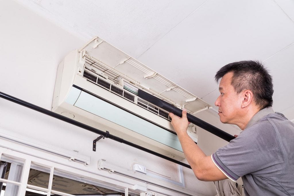 Series of technician servicing the indoor air-conditioning unit.